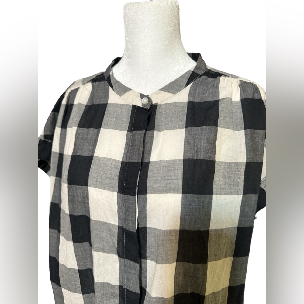 Gap, Blouse, Short Sleeves, Black and Cream Plaid, Lightweight, Hidden Buttons